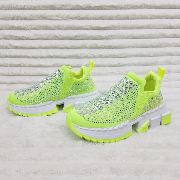Presto Light Weight Slip on Neon Yellow Rhinestone Sneakers - Running Shoes J - Picture 5 of 14